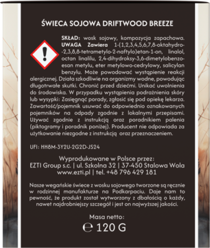 Tył opakowania świecy sojowej Driftwood Breeze 120g, ciemnobrązowa etykieta z listą składników i ostrzeżeń.