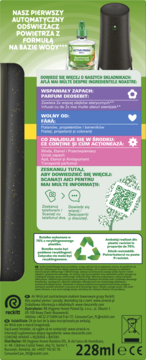Tył opakowania automatycznego odświeżacza powietrza Reckitt 228ml. Zielone tło z informacjami o składzie, formule wodnej i QR kodem.