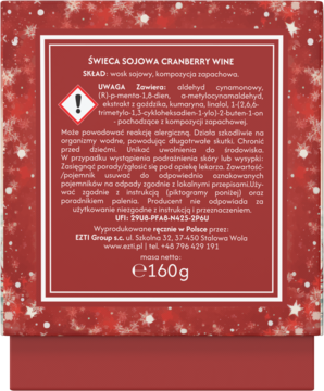 Tył czerwonego opakowania świecy sojowej Cranberry Wine z płatkami śniegu, widoczne ostrzeżenia i waga 160g.