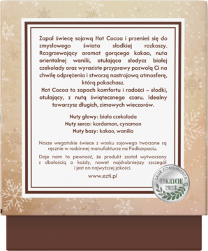 Tył opakowania świecy Hot Cocoa Esti. Kremowe tło, ozdobna ramka, tekst opisowy i pieczęć Esti 2013.