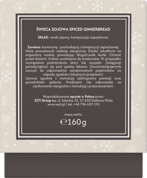 Tył opakowania świecy sojowej Spiced Gingerbread. Ciemne tło z białymi napisami i wagą 160g.