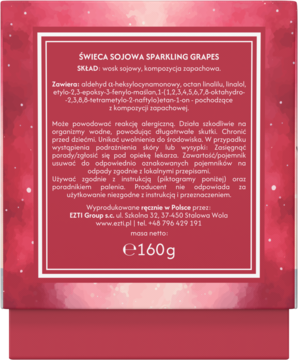 Widok z góry na tył czerwonej świecy sojowej Sparkling Grapes 160g, widoczne informacje o składzie i wadze.