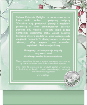 Tył opakowania świecy Pistachio Delights, zielony wzór, biały panel z opisem nut zapachowych i srebrnym medalem EKO LIDER.