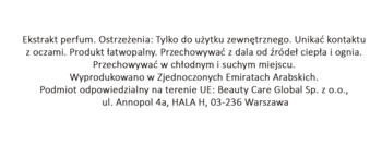 Polska etykieta z informacjami o perfumach: ostrzeżenia, przechowywanie, producent, dane importera.