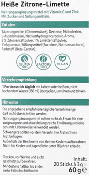 Tył zielonego opakowania suplementu Heiße Zitrone-Limette. Etykieta ze składem, użyciem, ikonami bez glutenu/laktozy i vegan.