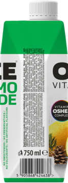 Bok zielono-białego kartonu OSHEE Vitamin 750ml, napoju cytryna-sosna, bez konserwantów i barwników.