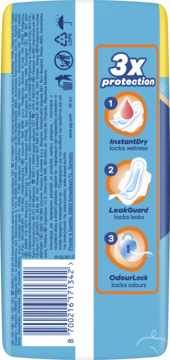 Tył opakowania podpasek Always Ultra, niebieskie, z ikonami 3x ochrony: InstantDry, LeakGuard, OdourLock.