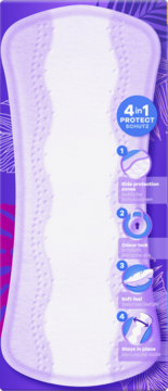 Długa wkładka higieniczna Always Daily Protect Long, biało-fioletowa, z opisem 4w1 ochrony na grafice.