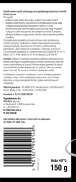 Tył opakowania trutki na myszy i szczury w paście, z polską etykietą, kodem kreskowym i masą 150 g.