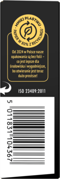 Czarne opakowanie prezerwatyw SKYN Elite Large, widok z tyłu: logo recyklingu, opis bez folii, kod EAN.