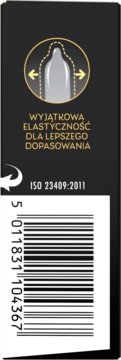 Tył czarnego opakowania nielateksowych prezerwatyw Skyn Elite Large z ikoną elastyczności i kodem kreskowym.