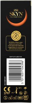 Tył czarnego opakowania prezerwatyw SKYN Elite Large, z kodem kreskowym, symbolem recyklingu i CE.