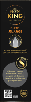 Czarne opakowanie prezerwatyw Skyn King Elite XLARGE, nielateksowe, z grafiką elastycznej prezerwatywy.