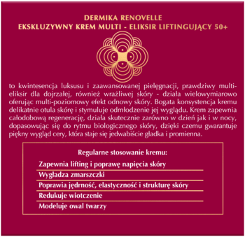 Ciemnoczerwona grafika Dermika Renovelle: Ekskluzywny Krem Liftingujący 50+ z wypunktowanymi efektami.