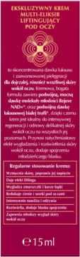 Przód etykiety kremu liftingującego Dermika Renovelle pod oczy. Bordowe tło, złoty tekst, ozdobny wzór, 15ml.