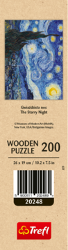 Puzzle drewniane Trefl 200 el. z "Gwiaździstą nocą" Van Gogha; intensywny błękit, żółte gwiazdy, widok opakowania.