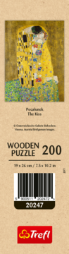 Drewniane puzzle Trefl 200 el. z obrazem Gustava Klimta "Pocałunek", brązowe opakowanie, widok z przodu.
