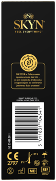 Tył czarnego opakowania prezerwatyw SKYN Supreme Feel Extra Nawilżane, z kodem kreskowym, ikonami i napisem o ekologii.