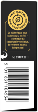 Tył czarnego opakowania prezerwatyw Supreme Feel: złote logo recyklingu, tekst o mniejszym plastiku i kod kreskowy.