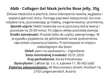 Abib Collagen Gel Mask Jericho Rose Jelly 35g, tył opakowania, biała etykieta z polskim opisem i datą ważności 05.01.2029.