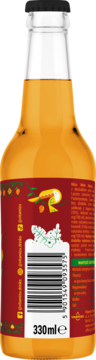 Tył szklanej butelki 330ml napoju gazowanego yerba mate mango, z czerwoną etykietą i grafiką ptaka.