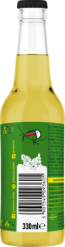 Tył butelki napoju gazowanego zielona herbata matcha yuzu. Zielona etykieta z kodem kreskowym, pojemność 330ml.