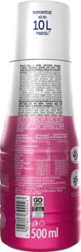 Tył różowo-białej butelki koncentratu napoju o smaku winogron i dragonfruit, widoczna etykieta z wartościami odżywczymi i kodem kreskowym.