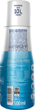 Tył niebiesko-białej butelki koncentratu napoju 500ml o smaku cytrynowo-pomarańczowym z witaminami i magnezem.