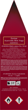 Tył bordowego opakowania zestawu Bielenda Ayurveda Skin Yoga, z informacjami o składzie olejku i zawartości kadzidełek. Widoczne ostrzeżenia.