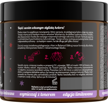 Tył brązowego słoika z maską koloryzującą do włosów edycji limitowanej, biała etykieta z instrukcjami PL.