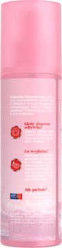 Różowa butelka ekspresowej odżywki do włosów, widok z tyłu, z białym tekstem i ikonami w języku polskim.