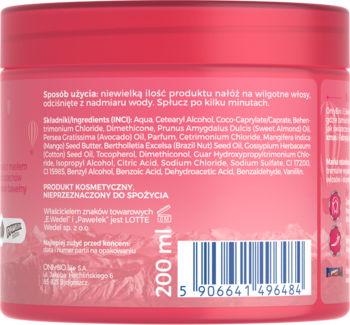 Tył różowej maski do włosów 200 ml w okrągłym pojemniku, z polskim opisem użycia, składnikami, kodem kreskowym.