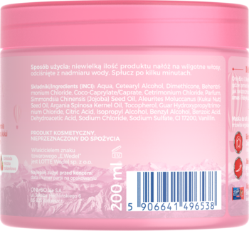 Tył różowego słoika z maską do włosów 200 ml, widoczna lista składników, kod kreskowy i instrukcje użycia.