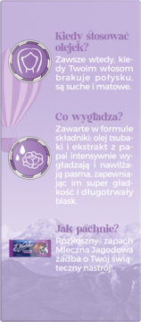 Infografika o olejku do włosów z opisem zastosowania, składników i zapachu "Mleczna Jagodowa", na fioletowym tle.