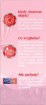 Infografika o olejku do włosów: Kiedy stosować, skład (olej tsubaki, papaja), zapach (truskawkowe mleko).