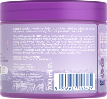 Tył fioletowego opakowania maski do włosów z awokado, widoczna lista składników i kod EAN, 200 ml.