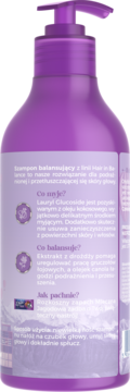 Fioletowa butelka szamponu balansującego z pompką, widok z tyłu z polskim opisem produktu.