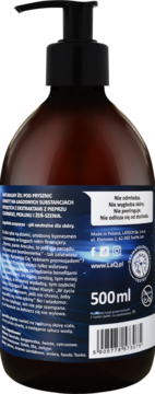 Tył naturalnego żelu pod prysznic LaQ 500ml w ciemnobrązowej butelce z pompką. Etykieta z polskim opisem.