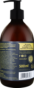 Tył brązowej butelki męskiego żelu LaQ Szef Wszystkich Szefów 500ml z pompką i etykietą z opisem i kodem kreskowym.