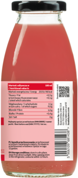 Tył szklanej butelki różowego soku multi-owocowego z acai, bez cukru. Etykieta z wartościami odżywczymi.