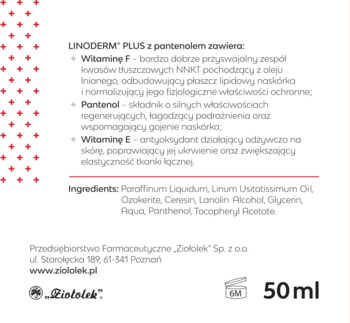 Tył tubki Linoderm Plus 50ml z pantenolem, widoczny skład i właściwości kremu natłuszczającego.