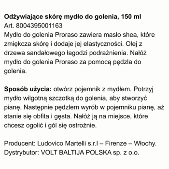 Etykieta mydła do golenia Proraso 150 ml, z polskim opisem produktu, składem i instrukcją użycia.