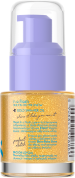Tył butelki złotego olejku do włosów In a Flash Gold Shimmer Oil z lawendową pompką. Widoczna etykieta.