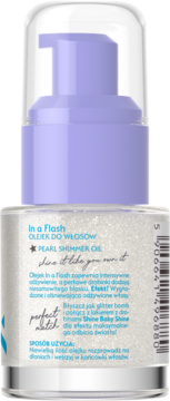 Tył butelki olejku do włosów In a Flash Pearl Shimmer Oil, widoczne etykiety i kod kreskowy, fioletowa pompka.