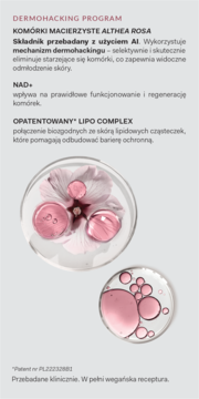 Dermohacking Program. Składniki aktywne: kwiat Althea Rosa w naczyniach laboratoryjnych z różowym płynem.