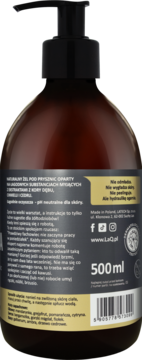 Tył brązowej butelki naturalnego żelu pod prysznic LaQ 500 ml, z etykietą ze składem i sposobem użycia.