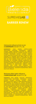 Tylna etykieta Bielenda SupremeLab Barrier Renew: krem na noc z ceramidami i eliksir NMF, na żółtym tle.