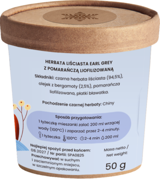 Herbata Earl Grey z pomarańczą w beżowym opakowaniu, widok boku z etykietą, składem i wagą 50g.