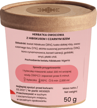 Brązowo-różowa herbatka owocowa z hibiskusem i bzem czarnym 50g, widok z przodu, różowa etykieta, instrukcja.