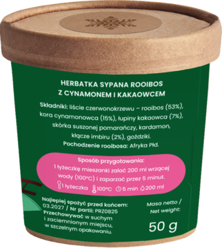 Tył opakowania herbaty rooibos z cynamonem i kakao, zielona etykieta z białymi napisami, widoczny skład i waga 50g.